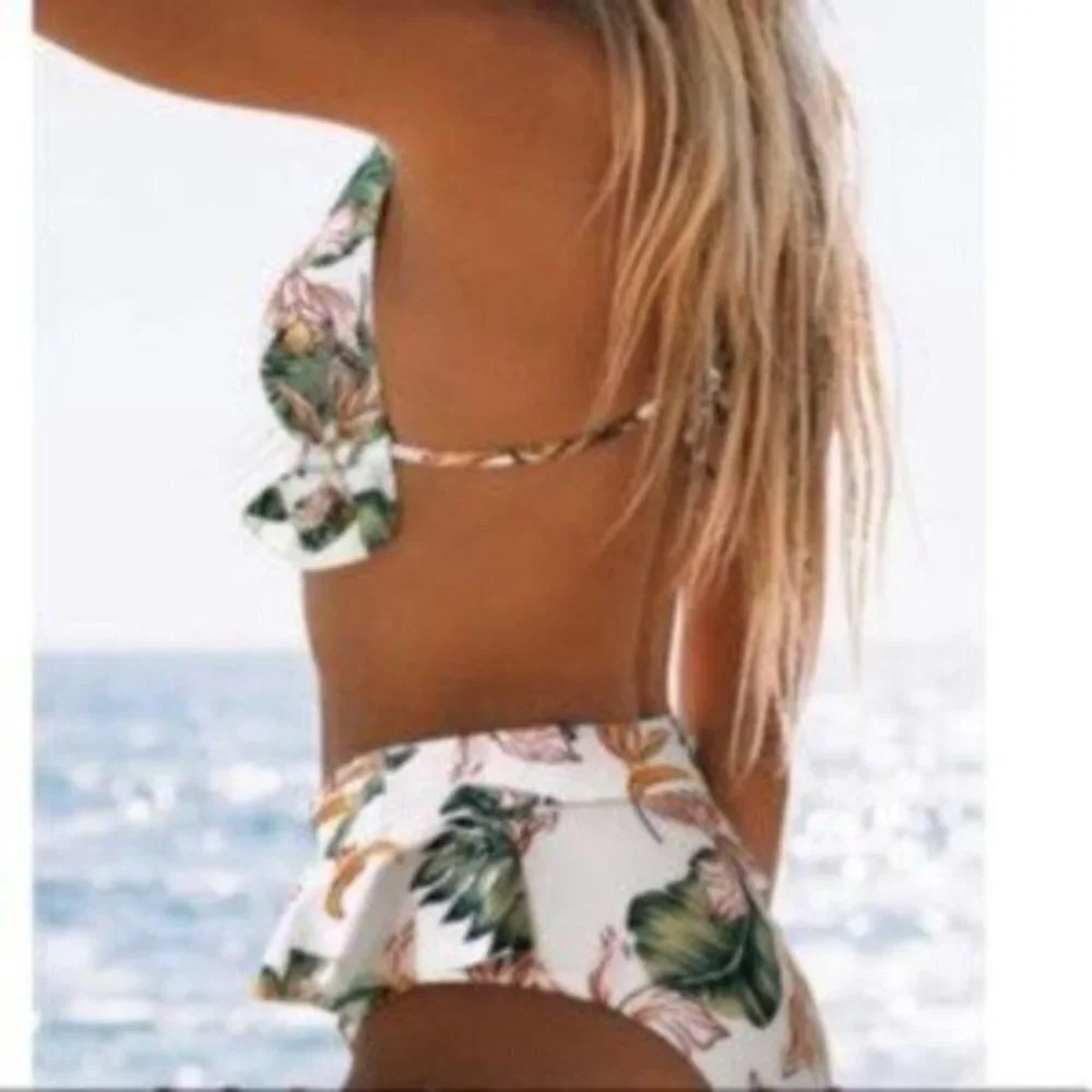 High Waisted White, Brown & Green Leaf Print Bikini Swim Suit